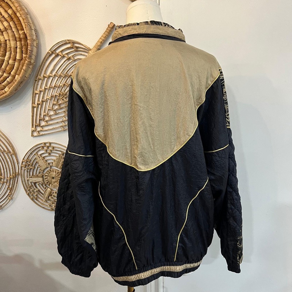 Vintage 90s Windbreaker Jacket Gold Black Print Bomber Mob Wife L - Picture 7 of 12